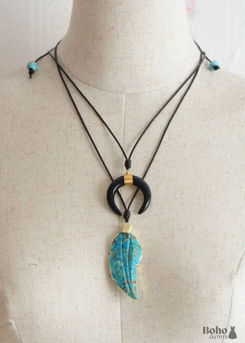 Boho Necklace, Blue Agate Leaf Pendant